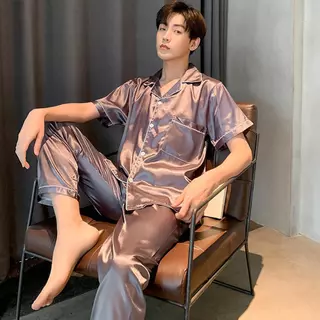 ชุดนอนผ้าไหมแขนสั้นขายาวสำหรับผู้ชายและผู้หญิง แบบบาง ผ้าไหมเย็น ขนาดใหญ่ ชุดนอนสบายที่บ้าน