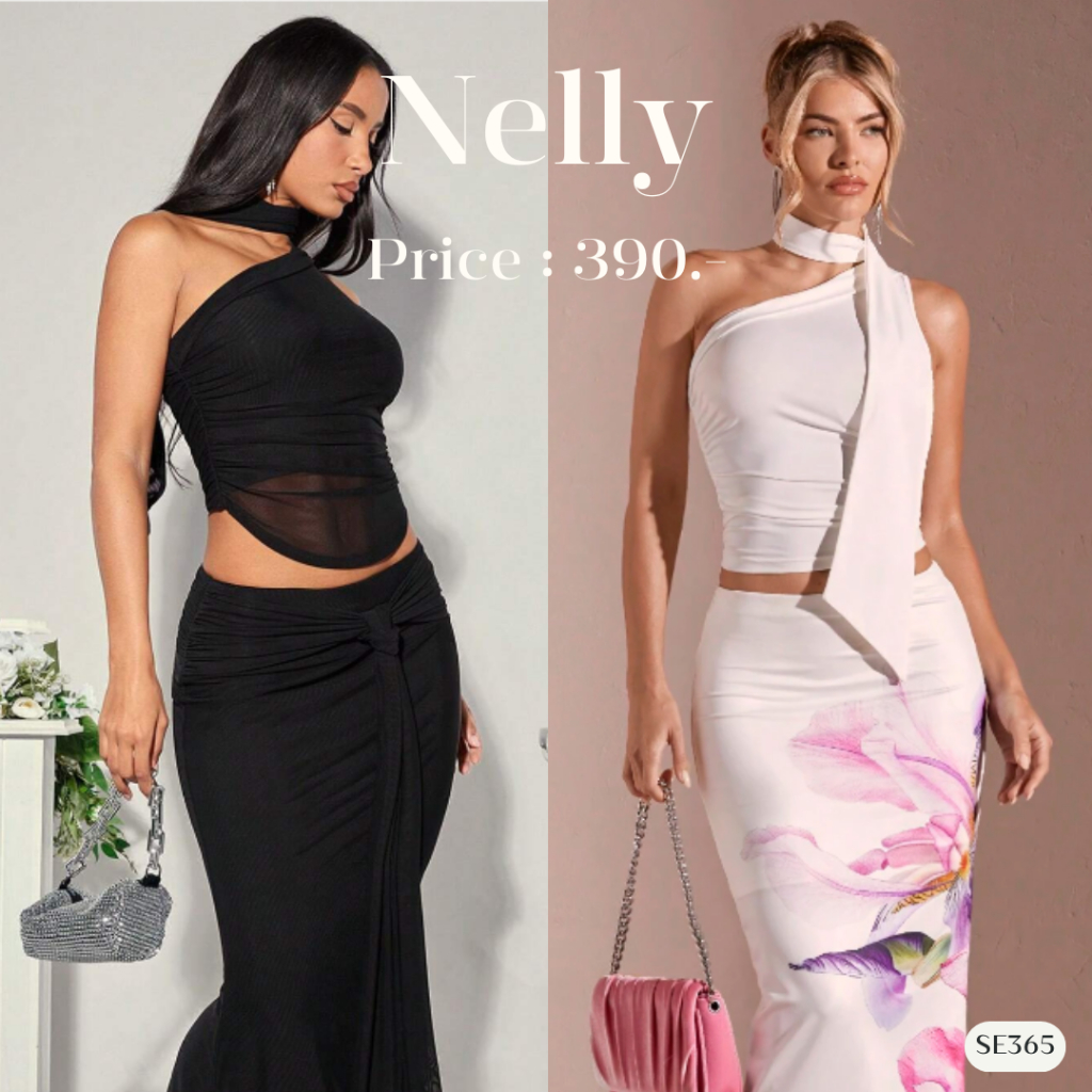 เสื้อไหล่เดียว ป้ายคอ ผ้าตะข่าย มีซับใน SE365 l NELLY [ซื้อครบ 1,000 แถมเครื่องประดับ]