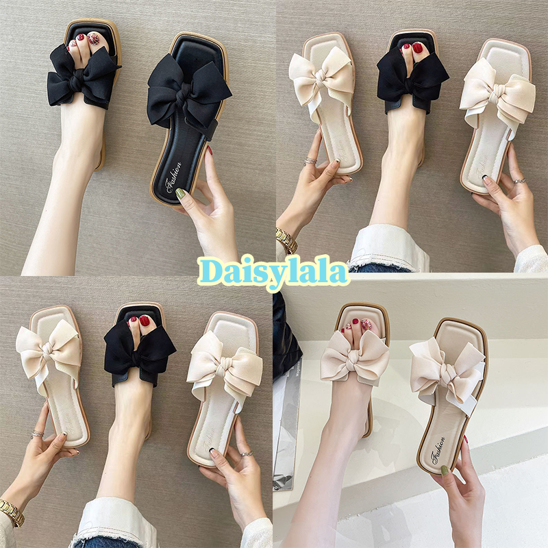 Daisylala รองเท้าแตะสำหรับผู้หญิงชุดนอกฤดูร้อน พื้นนุ่ม ลำลองขี้เกียจ รองเท้าแตะทุกแมตช์ปมโบว์ กันลื่น