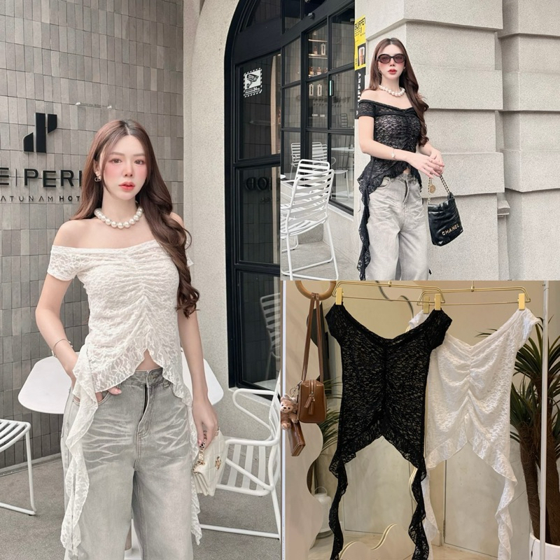 KIKI LACE TOP เสื้อลูกไม้เปิดไหล่ แขนระบาย สไตล์พส จีน ป้ายSheeny