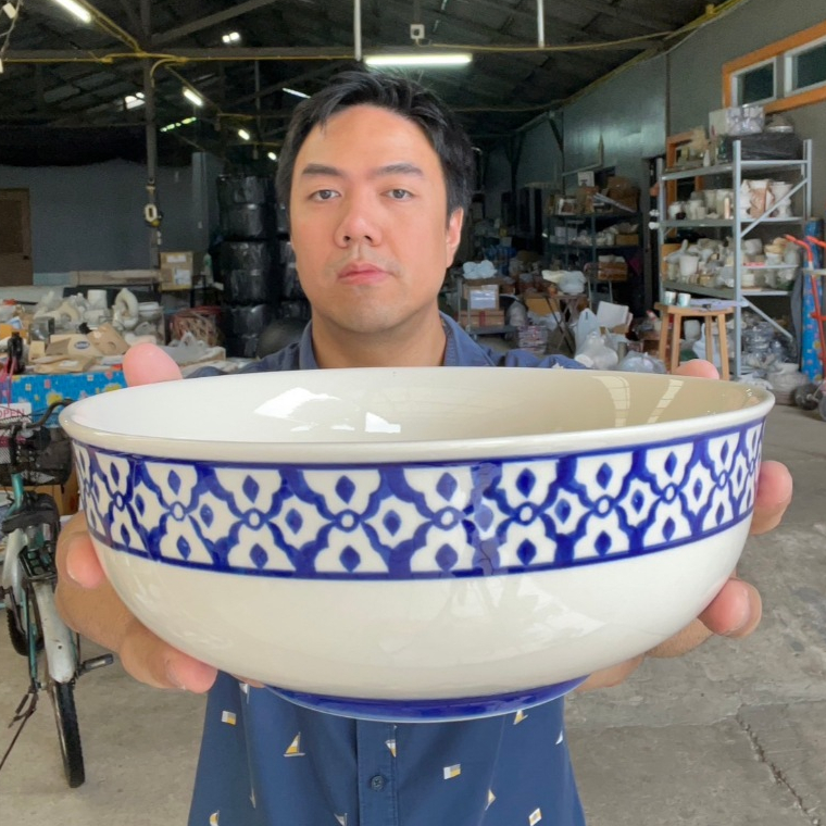 (ขนาด 9.5 นิ้วจัมโบ้XXL) ชามกลมเซรามิค ถ้วยเซรามิคขนาดจัมโบ้ ลายไทยสัปปะรดสีคราม เข้าไมโครเวฟได้ ออกใบกำกับภาษีได้