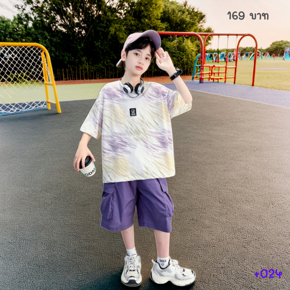 +024 ชุดเซ็ทเสื้อยืดมัดย้อม+กางเกงขาสั้นม่วง