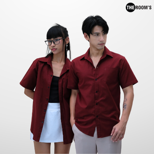 THE ROOM'S - เดอะรูม เสื้อเชิ้ต คอปก สีเลือดหมู Oxford แขนสั้น รีดง่าย ใส่สบาย - รูปที่ 3