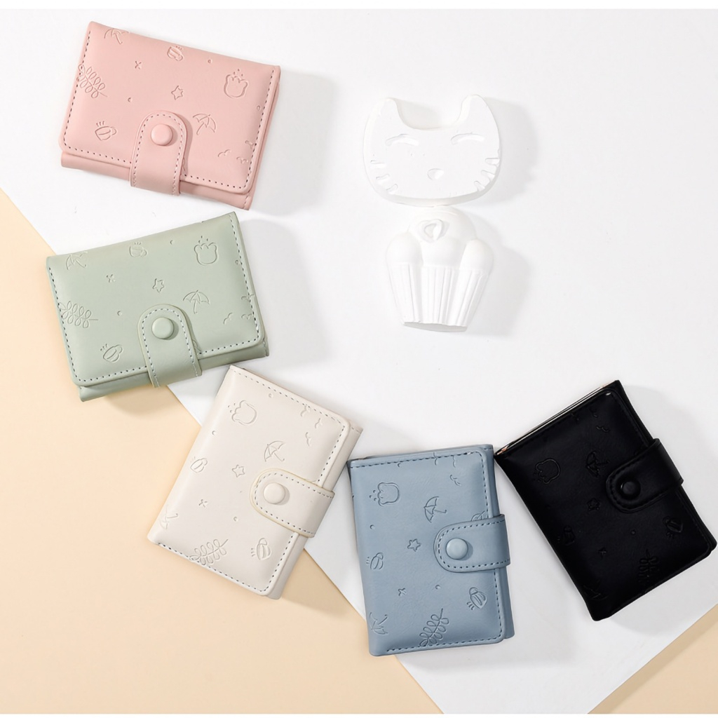 【ใหม่】กระเป๋าเงิน PU น่ารัก แบบสั้นผู้หญิง สไตล์อินเทรนด์ ลายการ์ตูน สีพื้น สดใส กระเป๋าใส่การ์ดหลายฟังก์ชัน กระเป๋าแบบพ