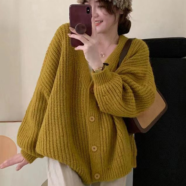 เสื้อคลุมคาร์ดิแกน คอวี สีทึบ ผ้าหนานิ่ม ทรงหลวม สไตส์เกาหลี