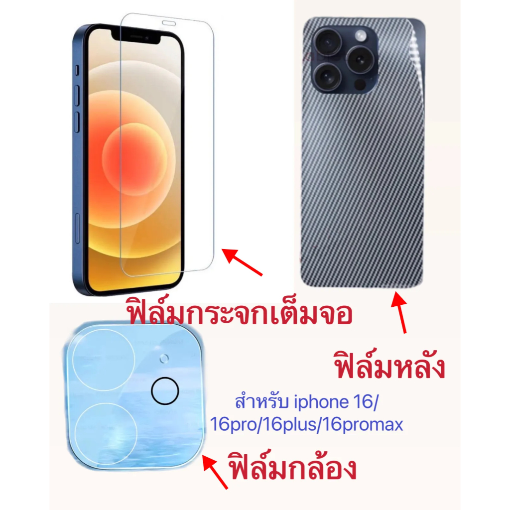 ส่งจากไทย ฟิล์ม3in1 For iphone16/16pro/16plus/16promax ฟิล์มเลนส์กล้อง + ฟิล์มกระจกเต็มจอขอบดำ+ฟิล์ม