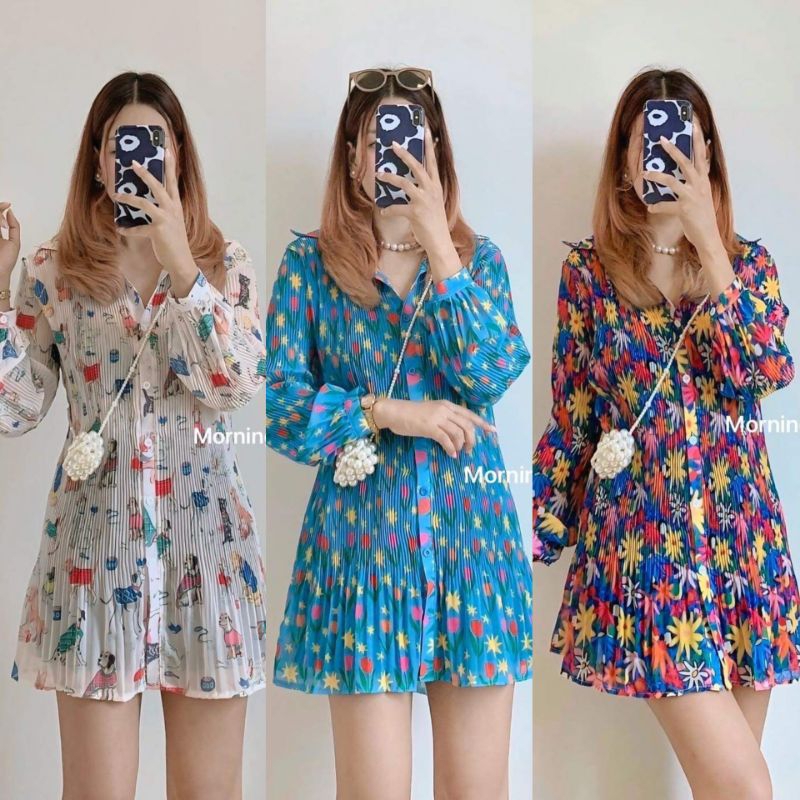 Mini dress มินิเดรสอัดพลีทชีฟองกระดุมหน้า อัดพลีท คอปก ผ้าพิมพ์ลาย
