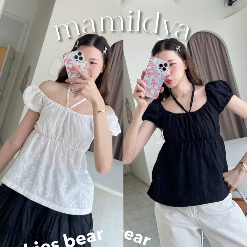 Mamildya.shop เสื้อคอโค้งใส่ปาดไหล่ได้ผ้าฉลุลูกไม้ลายโบว์/K1-1/ COOK-ผ้าโบว์
