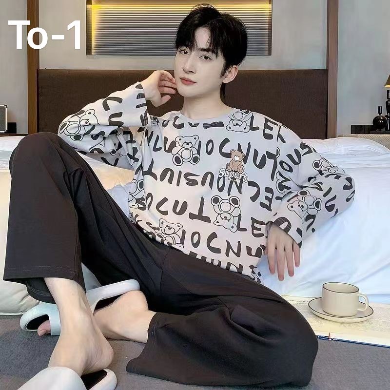 ชุดนอนผู้ชาย เสื้อเเขนยาว+ขายาว พิมลาย พร้อมส่งที่ไทย-TO