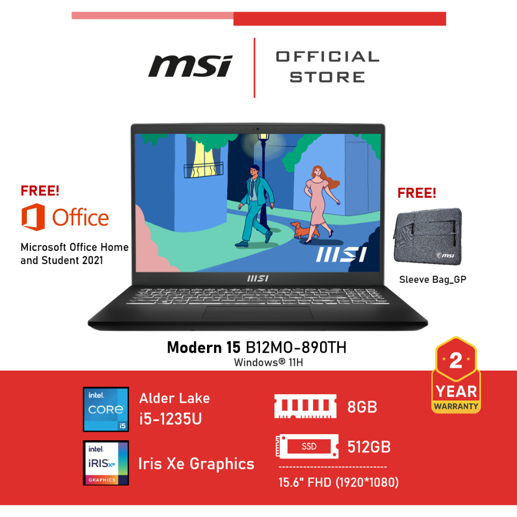 [Pre-Order] MSI Modern 15 B12MO-890TH (15.6", Iris Xe Graphics, Memory 8GB, i5) Classic Black , Notebook