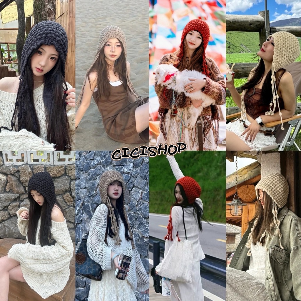 Cicishop (C15) หมวกไหมพรมถัก ดีเทลสายยาว สไตล์ฮิปปี้