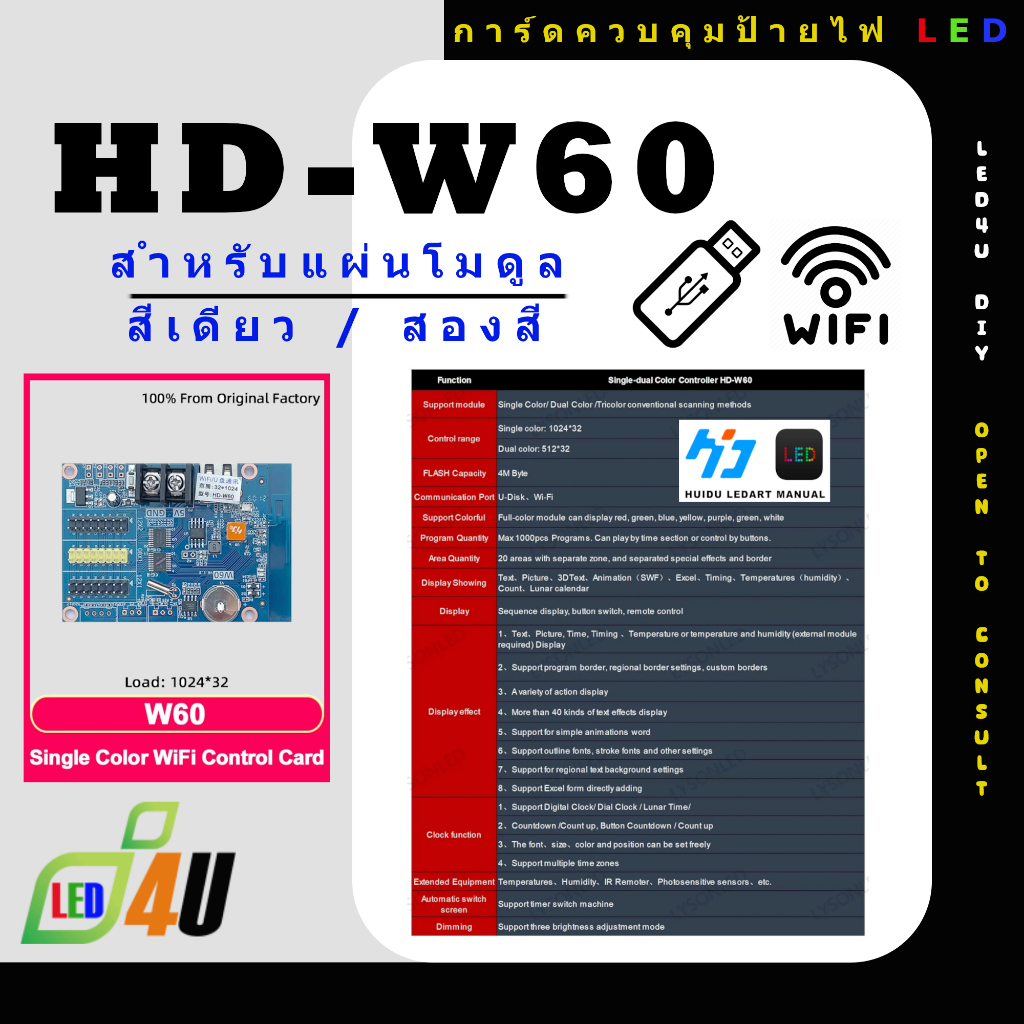 HD-W60 บอร์ดสำหรับป้ายไฟ LED ป้ายไฟวิ่ง ป้ายไฟตัวอักษร ป้ายไฟโฆษณา ป้ายไฟร้านค้า ป้ายไฟโปรโมชั่น แสดงสีเดี่ยว หรือสีคู่