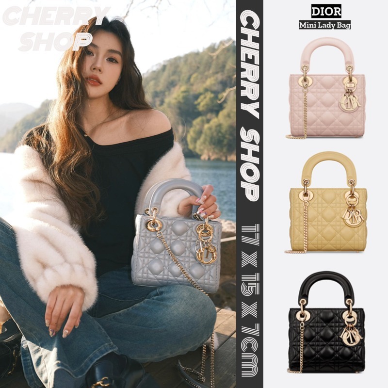 🍒ดิออร์ DIOR Mini Lady Bag💯กระเป๋าถือ/กระเป๋าโซ่สุภาพสตรี Dior Women's Tote Bag Chain Bag