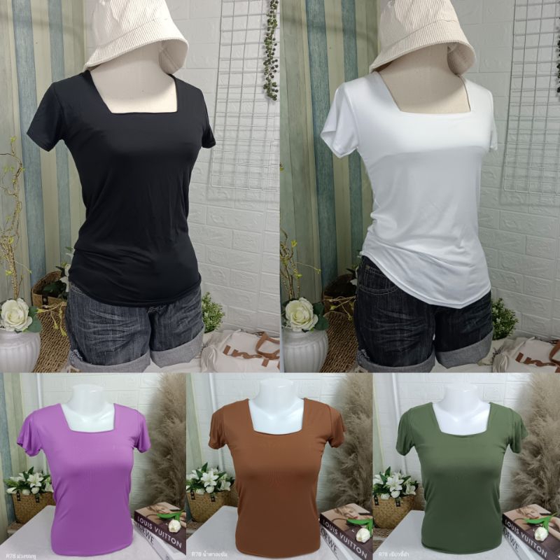 (R78) เสื้อยืดคอเหลี่ยม ผ้าเรย่อน ใส่แล้วเข้ารูปสวย ผ้านิ่มเด้ง ผู้หญิง