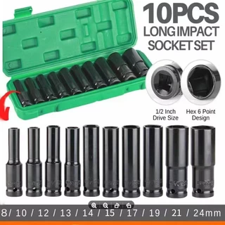 10 ตัว/ชุด ชุดประแจไฟฟ้า Hex Shank ลูกบล็อกยาว ชุดลูกบล็อกยาว ชุดบล็อก ชุดประแจไฟฟ้า 1/2'' 4หุน