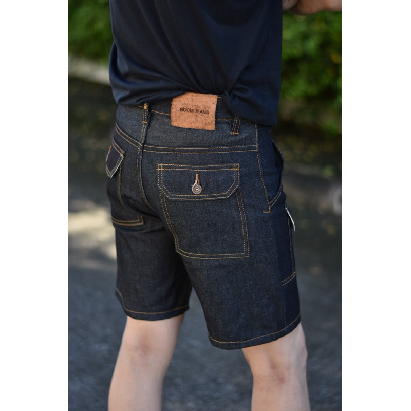 RoomJeans ขาสั้นวินเทจ 6กระเป๋า ผ้าดิบมิดไนท์ ยีนส์ไทยแท้