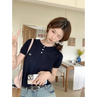 Cic(NO. A2156-2)เสื้อไหมพรมแขนสั้น แต่งลายผ้า คอปกกระดุมใช้งานได้จริง ปักโบว์น่ารัก สไตล์เกาหลี
