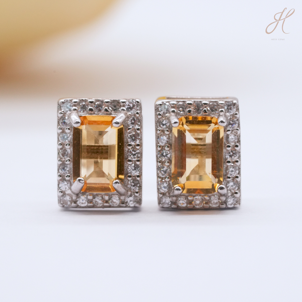 ต่างหูซิทรินเอมเมอรัลคัทล้อมCz ชุบWG Citrine Earring