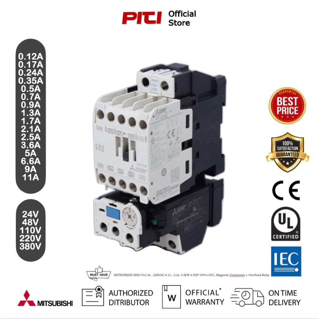 MITSUBISHI MSO-T12 24…220VAC 0.12…11A, 3.5kW 4.5HP 1NO+1NC, Magnetic Contactors + Overload Relay