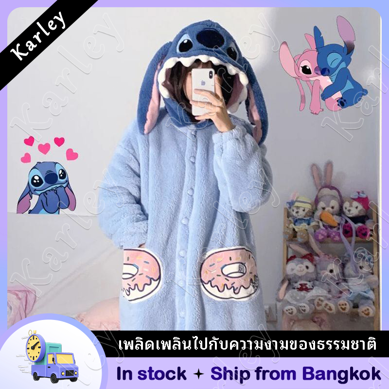 Stitch ใหม่น่ารักฤดูหนาวหมีชุดนอนหญิงตาข่ายสีแดงหนาผ้าสักหลาดชุดนอนยาวชุดคลุมอาบน้ํา pajamas