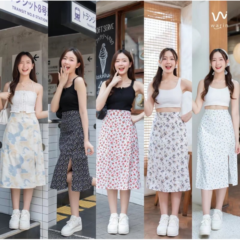 กระโปรงยาวลายดอกไม้ สไตล์เกาหลีWARIN มีซับในชิปข้าง S-L002