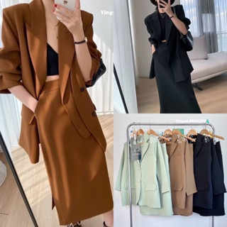 ชุด Set เสื้อเบลเซอร์ปกสูท+กระโปรงทรงเอผ่าหลัง ผ้าบาร์บี้ เร…