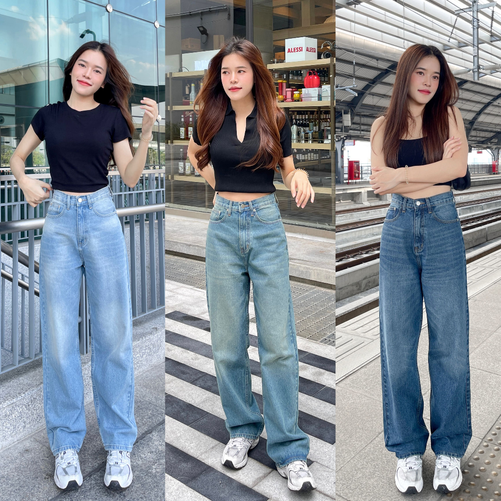 BLUEDA - Lisa Jeans กางเกงยีนส์เอวสูง กระบอกใหญ่ ผ้านิ่ม พรางหุ่นสวยมาก