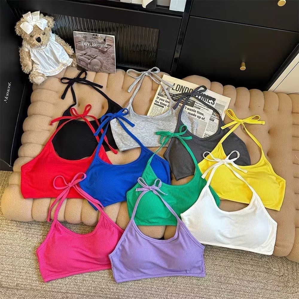 Shop_mklพร้อมส่ง🚚 มินิครอปสายคล้องเป็นแบบผูก มีฟองน้ำในตัว ผ้านิ่มใส่สบายมีทั้งหมด10สี #J525