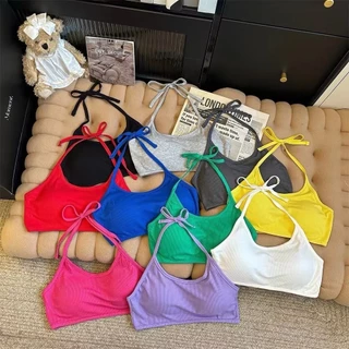 Shop_mklพร้อมส่ง🚚 มินิครอปสายคล้องเป็นแบบผูก มีฟองน้ำในตัว ผ้านิ่มใส่สบายมีทั้งหมด10สี #J525