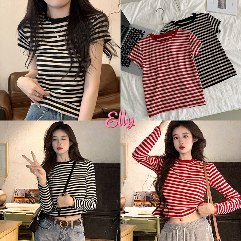 Elly พร้อมส่ง เสื้อยืดแฟชั่น คริสต์มาส เสื้อแดง เสื้อคริสต์มาส เสื้อยืด แขนสั้น ผ้าฝ้าย ลายทาง เรียบง่าย สไตล์เกาหลี