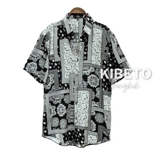 Kibeto เสื้อฮาวาย ลายผ้าเช็ดหน้าเกาหลี สีดำ ผ้าสปันเรยอน เนื…