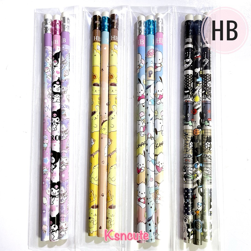 ดินสอไม้ HB  ปลายมียางลบ ลาย Sanrio (3แท่ง) ลิขสิทธิ์แท้