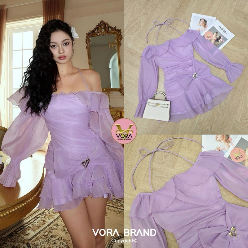 M9 งานป้าย Vora Dress ชุดเดรสสั้นปาดไหล่แต่งซ้ายผูกคอ สำหรับผู้หญิง เสื้อผ้าแฟชั่นผู้หญิง ไซส์ Xs-L