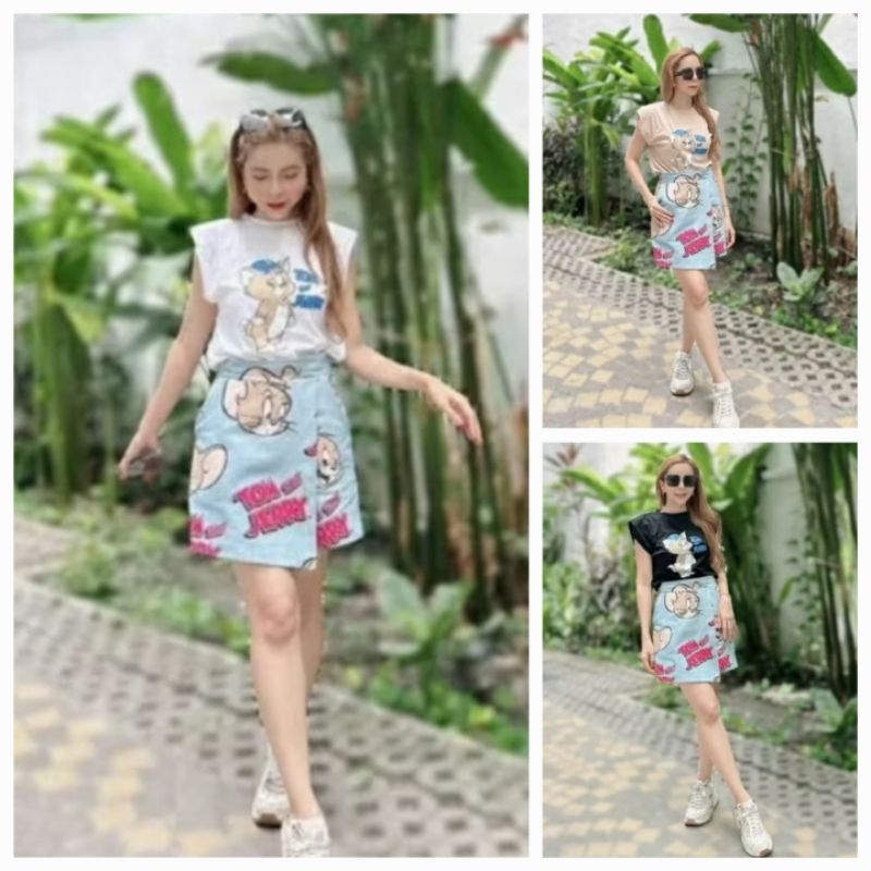 554 มี2xl,3xl,4xl [อกใหญ่2"]มี3สี เซตกางเกงกระโปรงทอม&เจอรี่