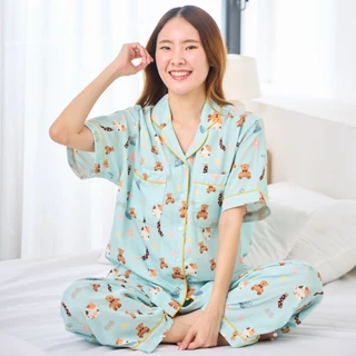 (มีส่งด่วน)Gnight.Butter Pajamas l ชุดนอนสีฟ้า ลายหมีแมว กันโป๊โนบราได้ ไม่ต้องรีด (มีไซส์ใหญ่)