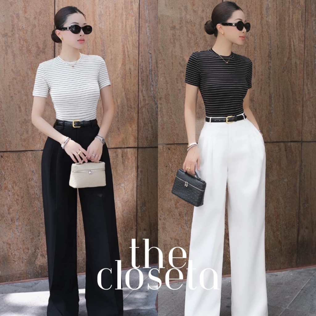 THE CLOSETA : LB264 ชุดเซ็ทเสื้อยืดแขนสั้นลายริ้ว+กางเกงขายาว+เข็มขัด