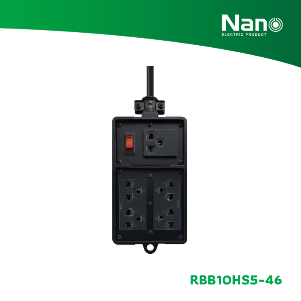 NANO บล็อคยาง 4x6" เต้ารับ 5 ช่อง + เมนสวิทซ์ 10A (สายยาว 3M, 5M, 10M, 20M) (1 ชิ้น/กล่อง) รุ่น RBB1