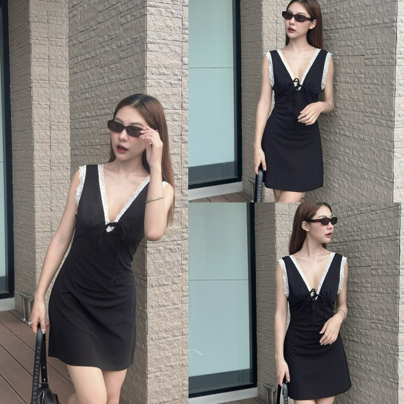 STOERY - Bina dress [ พรี 7วัน ] เดรสดำสั้น เพิ่มลูกไม้
