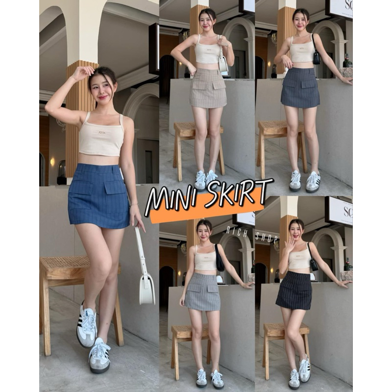 Mini skirt กระโปรงกางเกงลายริ้ว (กระโปรงรอบตัว) กระเป๋าแปะหน้า