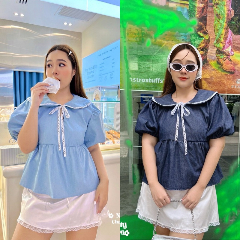 /JR/เสื้อสาวอวบ ยีนส์คอปก แขนบอลลูน แต่งลูกไม้ #เสื้อผ้าไซส์ใหญ่ สาว อ้วน พลัสไซส์