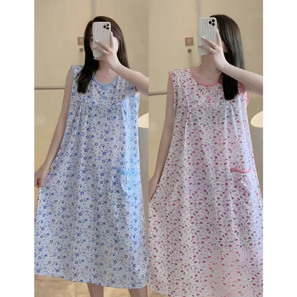 พร้อมส่ง ชุดนอนกระโปรงแขนกุด ขนาดใหญ่อก 52 ลายดอกไม้ ผ้ามีความนุ่มสบาย