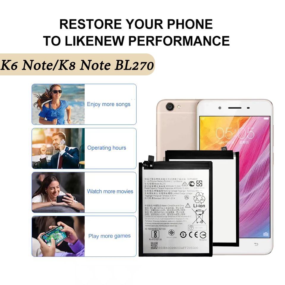 แบตเตอรี่ Lenovo K6 Note/K8 Note BL270 K53a48 แบตเตอรี่ Lenovo K8 Note/K8+ Lenovo K6 Note/K6+ BL270