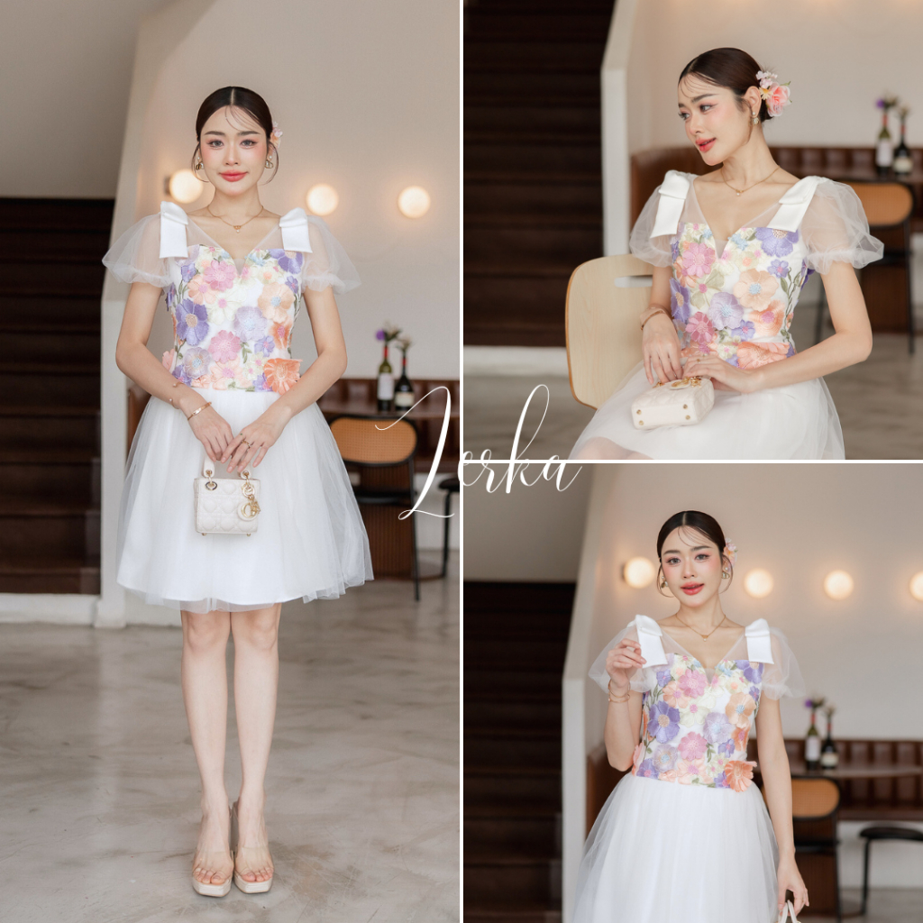 เดรสเจ้าหญิง งานดอก 3D สีสันสดใส มีซับใน ใส่สบาย #code11125
