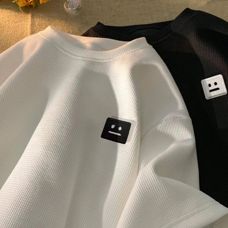 เสื้อยืดโลโก้หน้ายิ้มวาฟเฟิลแขนสั้นผู้ชาย แบรนด์อินเทรนด์เกาหลี อเนกประสงค์ ผู้ชายขนาดบวก - รูปที่ 4