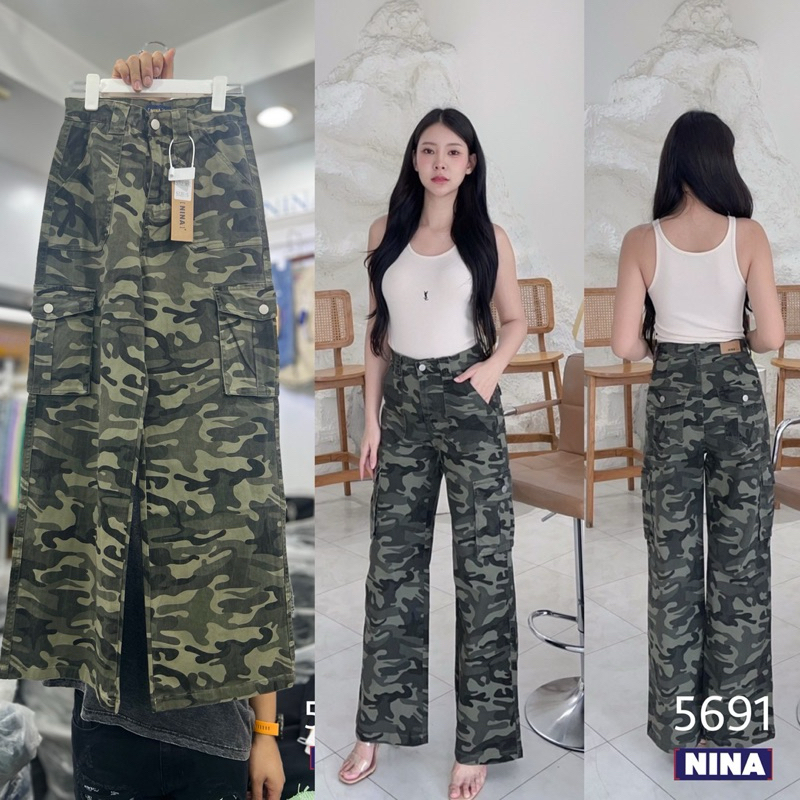 NN-ST #5691 งานลายทหาร กางเกงทรงกระบอกใหญ่ลายทหารเอวสูง ทรงเท่ห์ๆ กระเป๋าข้างปะ งานสวย ใส่แล้วเท่ห์ๆคลูๆ