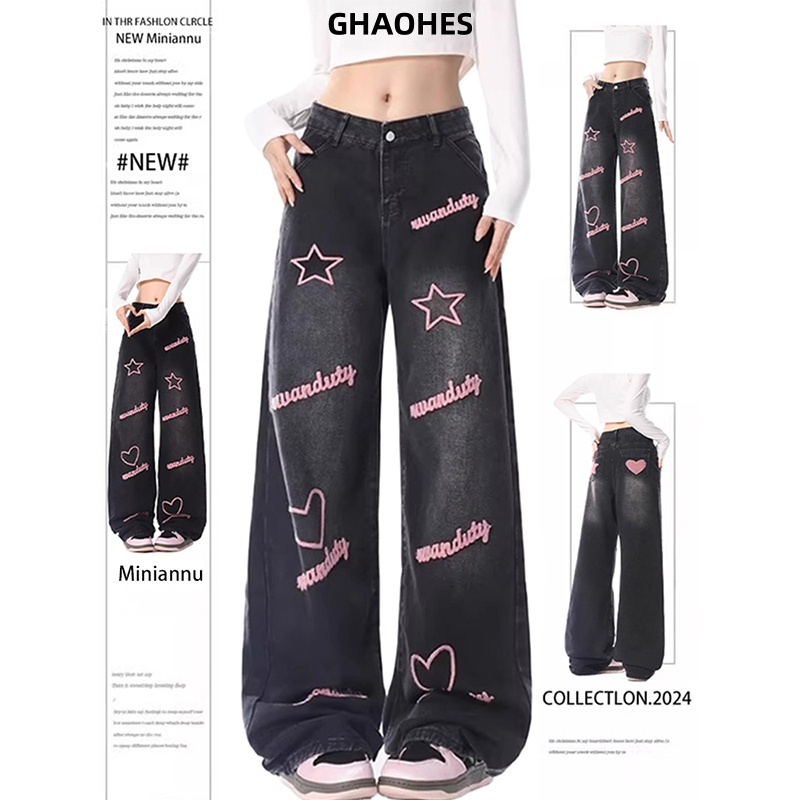 GHAOHES 5XLกางเกงยีนส์สไตล์สตรีทอเมริกัน  กางเกงขายาวเอวสูงสีดำขาบาน แบบลาก  Y2K #V94