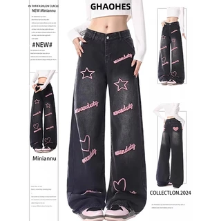 GHAOHES 5XLกางเกงยีนส์สไตล์สตรีทอเมริกัน กางเกงขายาวเอวสูงสีดำขาบาน แบบลาก Y2K #V94