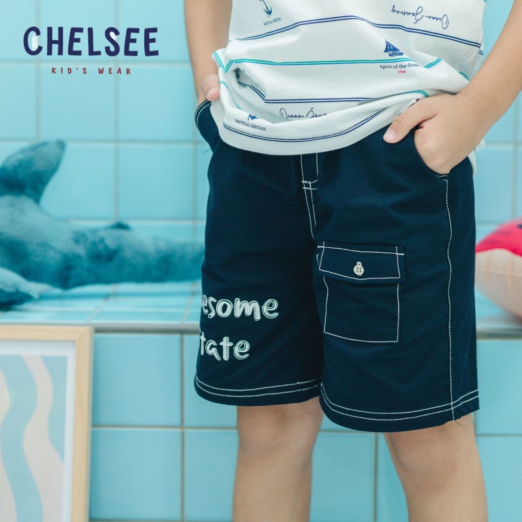 Chelsee กางเกงขาสั้น เด็กผู้ชาย รุ่น 128079 เอวยางยืด ลาย Awesome State แต่งกระเป๋าหน้า ผ้า Woven(วูเว่น) อายุ 1.5-10ปี