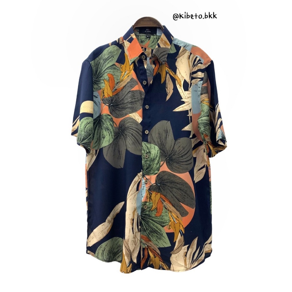Kibeto เสื้อฮาวาย ลายใบบอน สีกรม ผ้าสปันเรยอน เนื้อนิ่ม ใส่สบาย M L XL 2XL 3XL