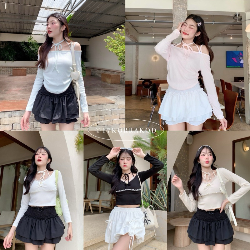 เสื้อครอปปาดไหล่ แต่งสายคล้องคอ ดีเทลลูกไม้กับโบว์จิ๋ว (Bare Bear)